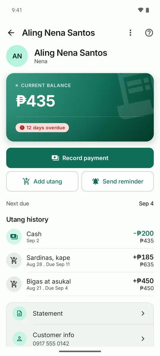Customer page: kasalukuyang balance ₱435, 12 days overdue, at utang history