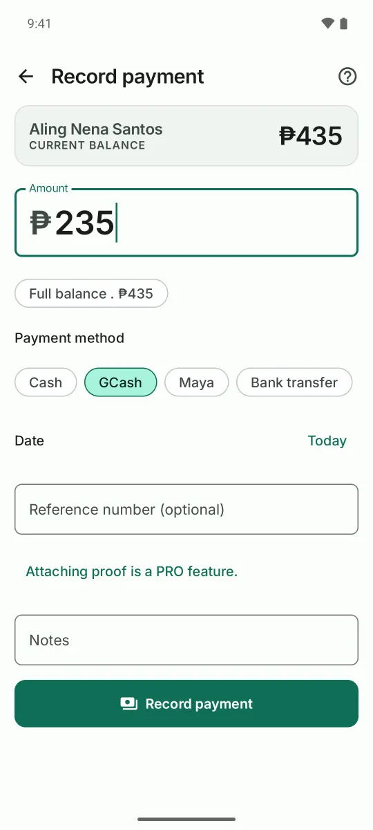 Record payment screen