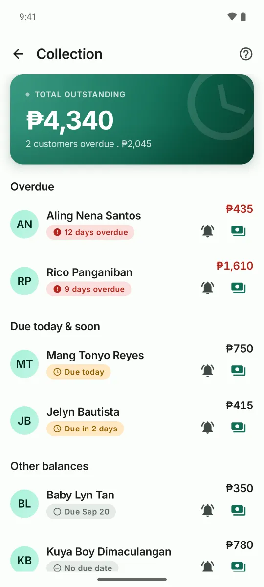 Collection list: overdue, due today at due soon, may remind at payment buttons