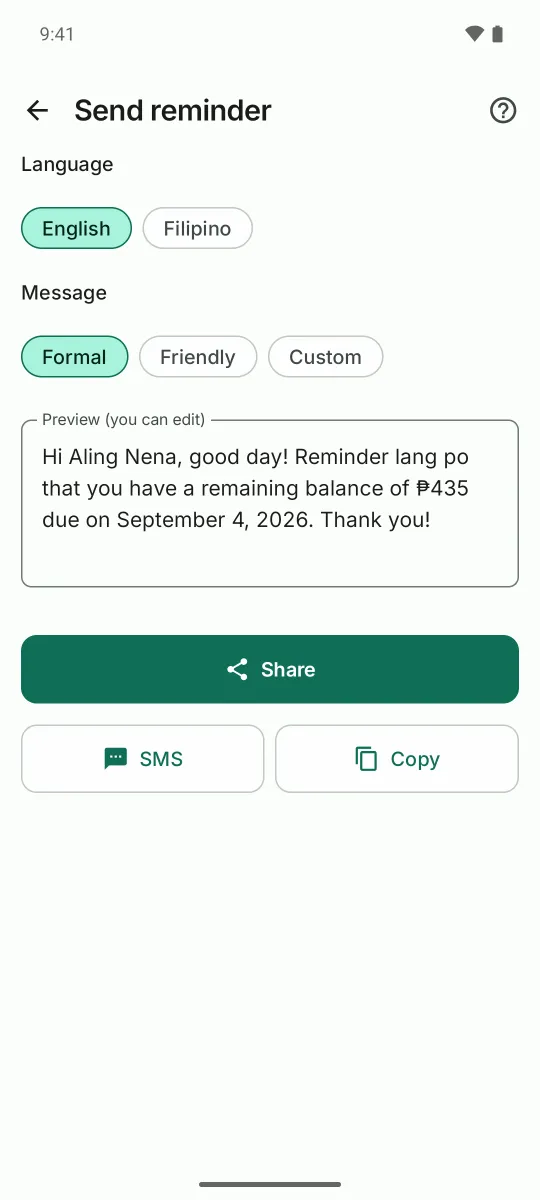 Send reminder: English o Filipino, Formal o Friendly, may preview ng mensahe