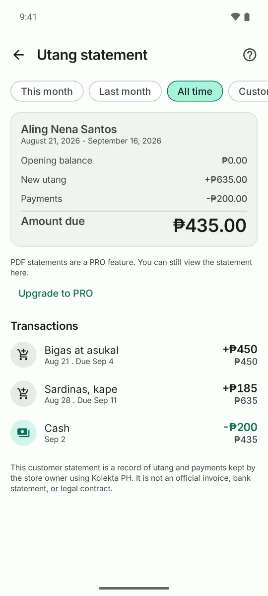 Utang statement: opening balance, new utang, payments, amount due ₱435